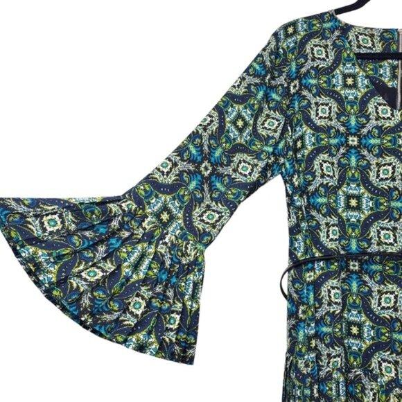 The Limited Womens Long Sleeve Green Tile Print Belted Pleated Dress Size 14 NWT - Picture 6 of 10